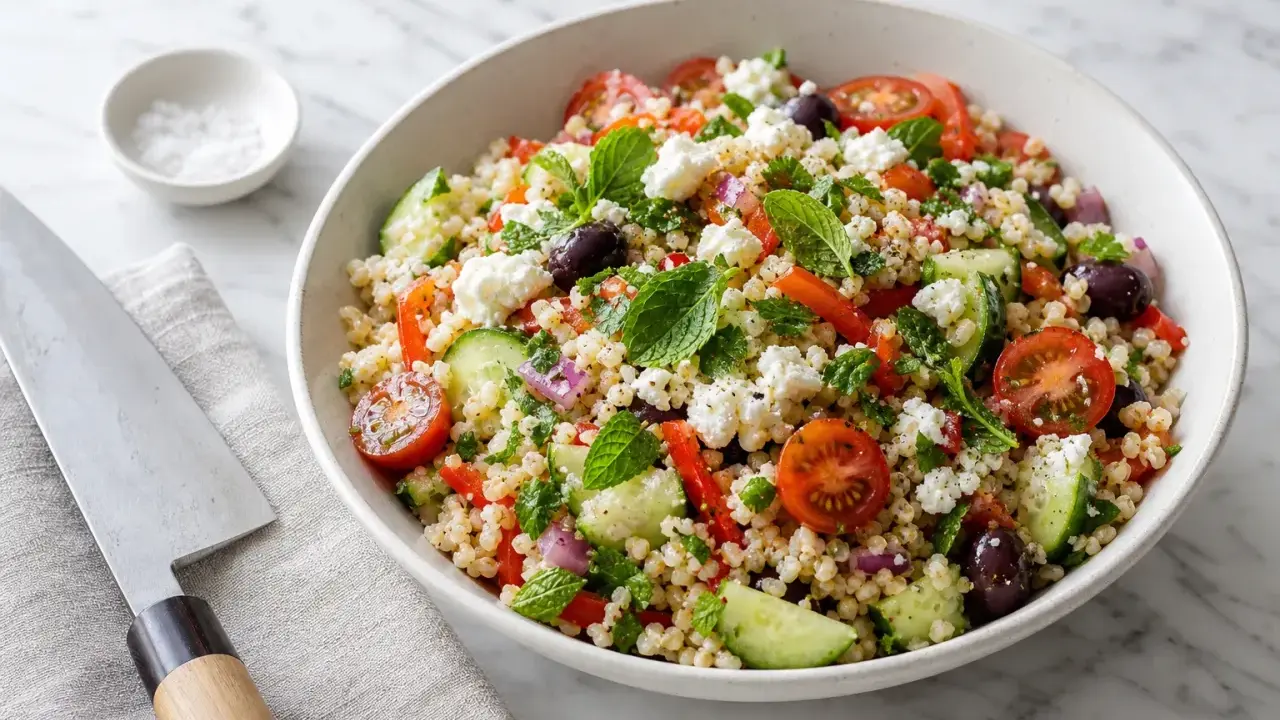Salade de riz colorée avec tomates, concombre, olives, feta et menthe fraîche. Un plat estival parfait.