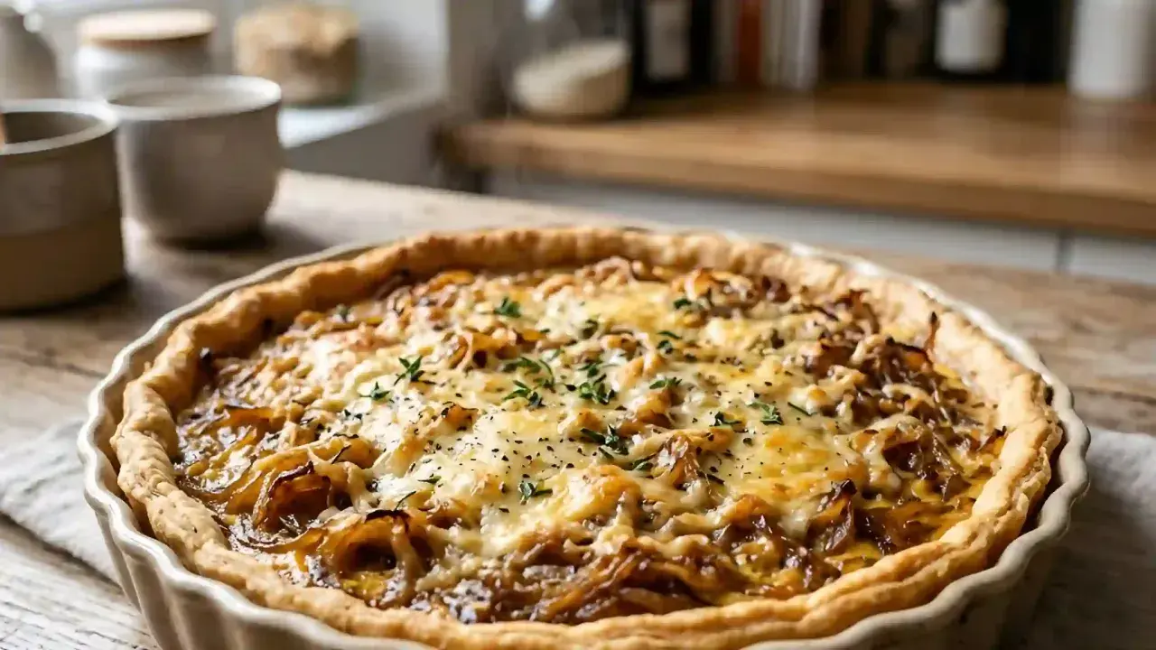 Une délicieuse quiche oignons fromage, dorée et gratinée, garnie de thym frais. Parfaite pour un repas réconfortant.