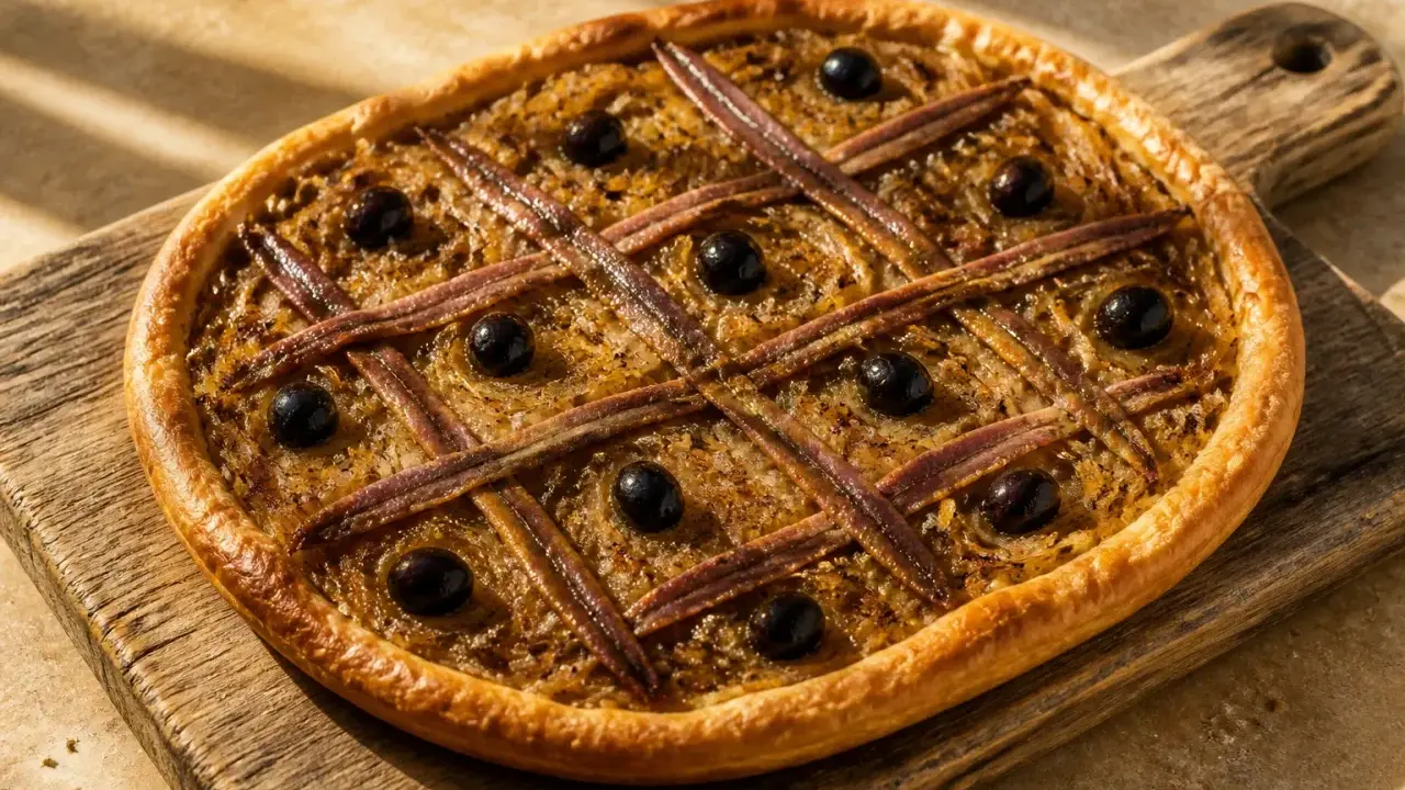 Pissaladière aux anchois et olives sur pâte brisée ou feuilletée, un délice provençal.