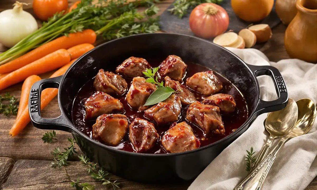 Joue de porc en cocotte, tendres morceaux nappés d'une sauce savoureuse, accompagnés de carottes et d'oignons.