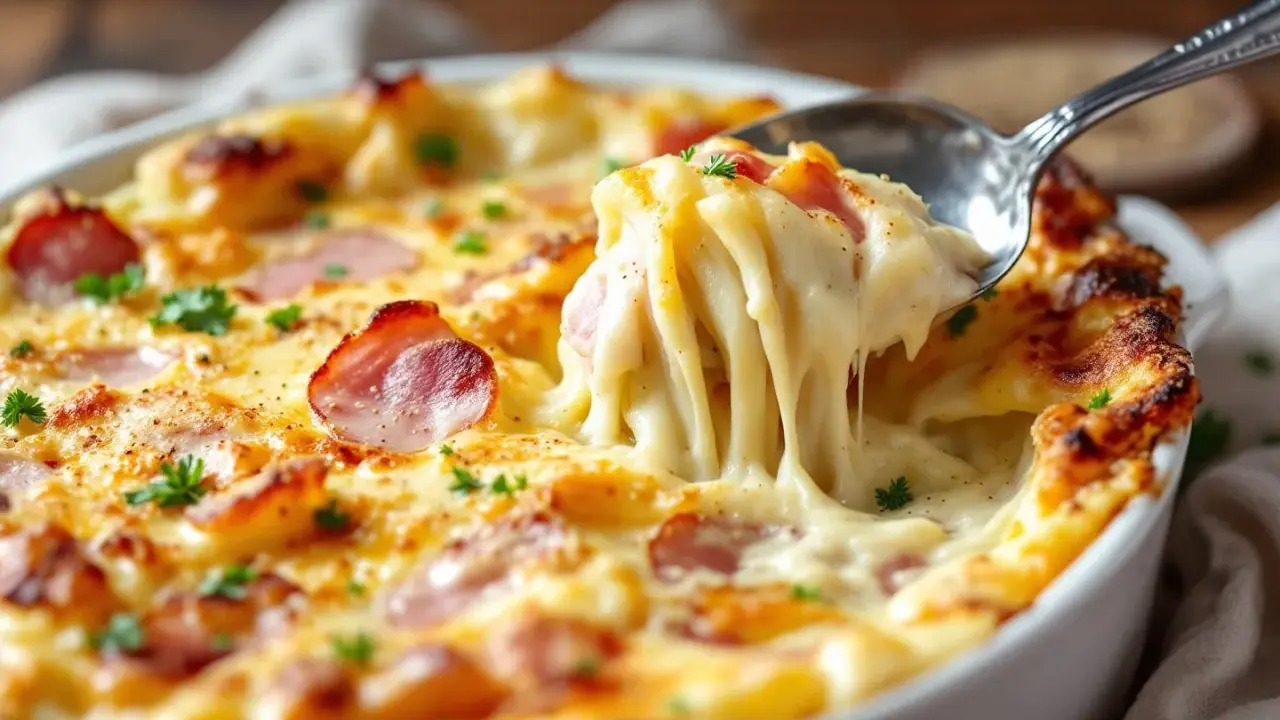 Un gratin d'endives à la béchamel réconfortant, avec du fromage fondant et des lardons croustillants. Une cuillère en prélève une portion généreuse.