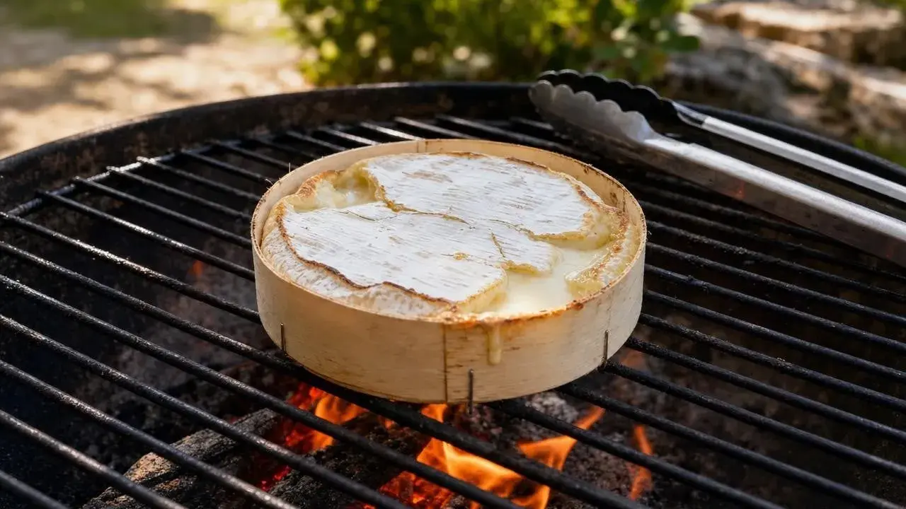 Un camembert au barbecue fond sur les braises. Des pinces à barbecue sont posées à côté, prêtes à servir ce délice crémeux.
