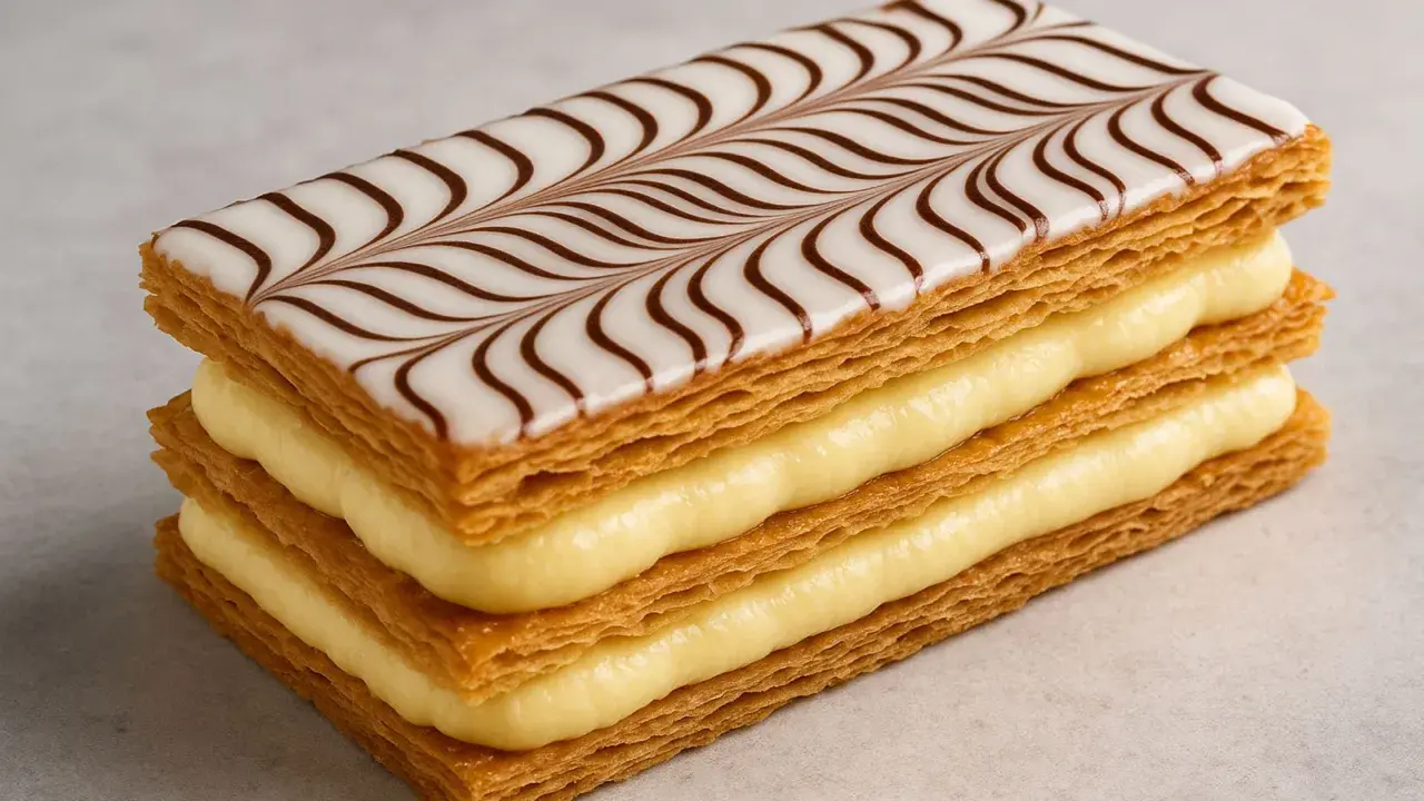 Un millefeuille croustillant avec une crème pâtissière onctueuse et un glaçage blanc décoré de volutes chocolatées.