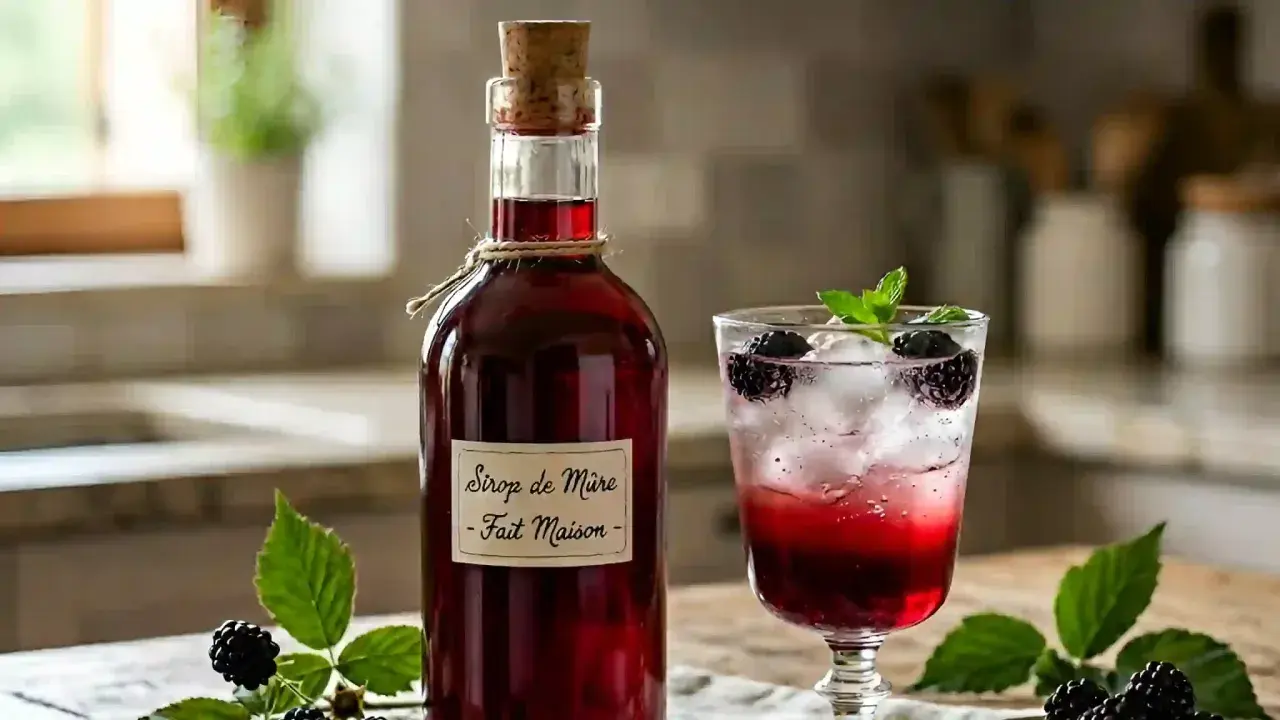 Bouteille de sirop de mûres fait maison à côté d'un verre de boisson pétillante aux mûres et à la menthe.