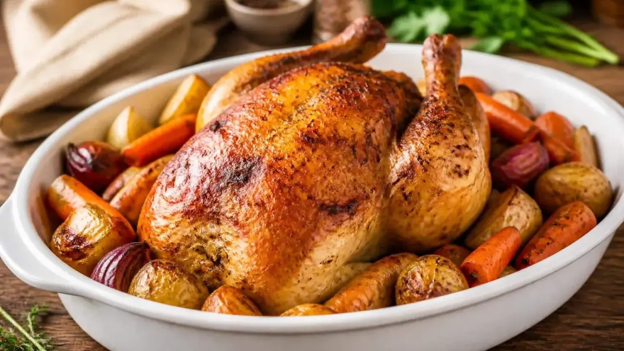 Canette rôtie dorée, entourée de carottes, pommes de terre et oignons. La meilleure recette canette au four pour un repas savoureux.