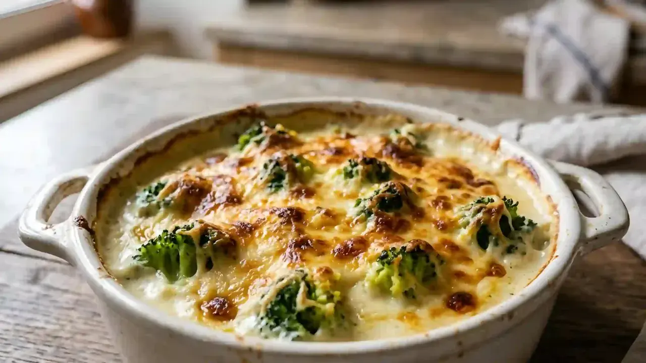 Un gratin de brocolis crémeux et doré, parfait pour une recette réconfortante.