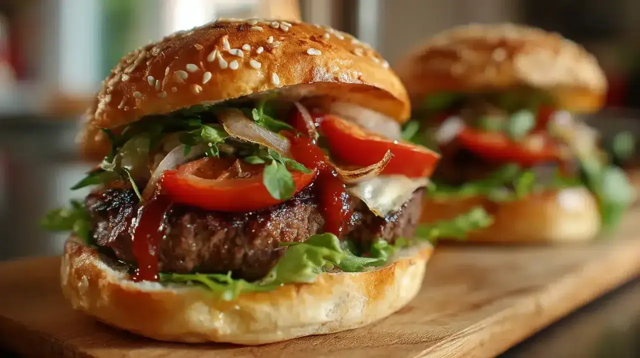 Délicieux hamburger maison, avec steak juteux, fromage fondant, tomates fraîches, oignons caramélisés et laitue croquante. Une recette parfaite pour un repas gourmand.