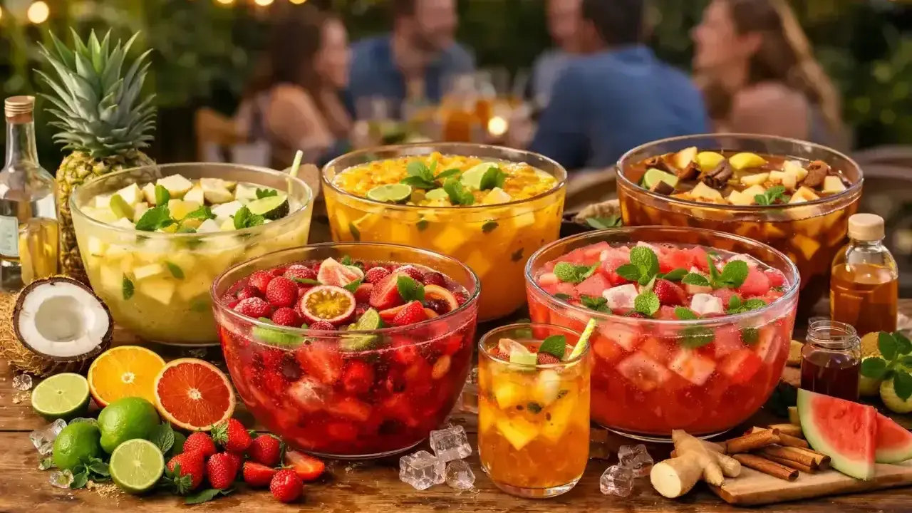 Plusieurs grands bols de punch fruit rouge et d'autres fruits tropicaux, prêts pour une fête d'été.