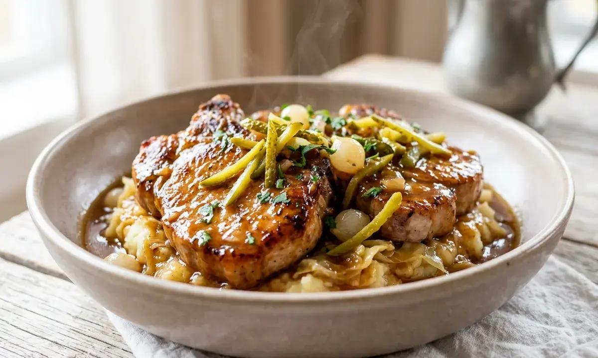 Délicieuse côte de porc charcutière, nappée d'une sauce onctueuse, servie sur un lit de purée et garnie de cornichons et d'oignons grelots.