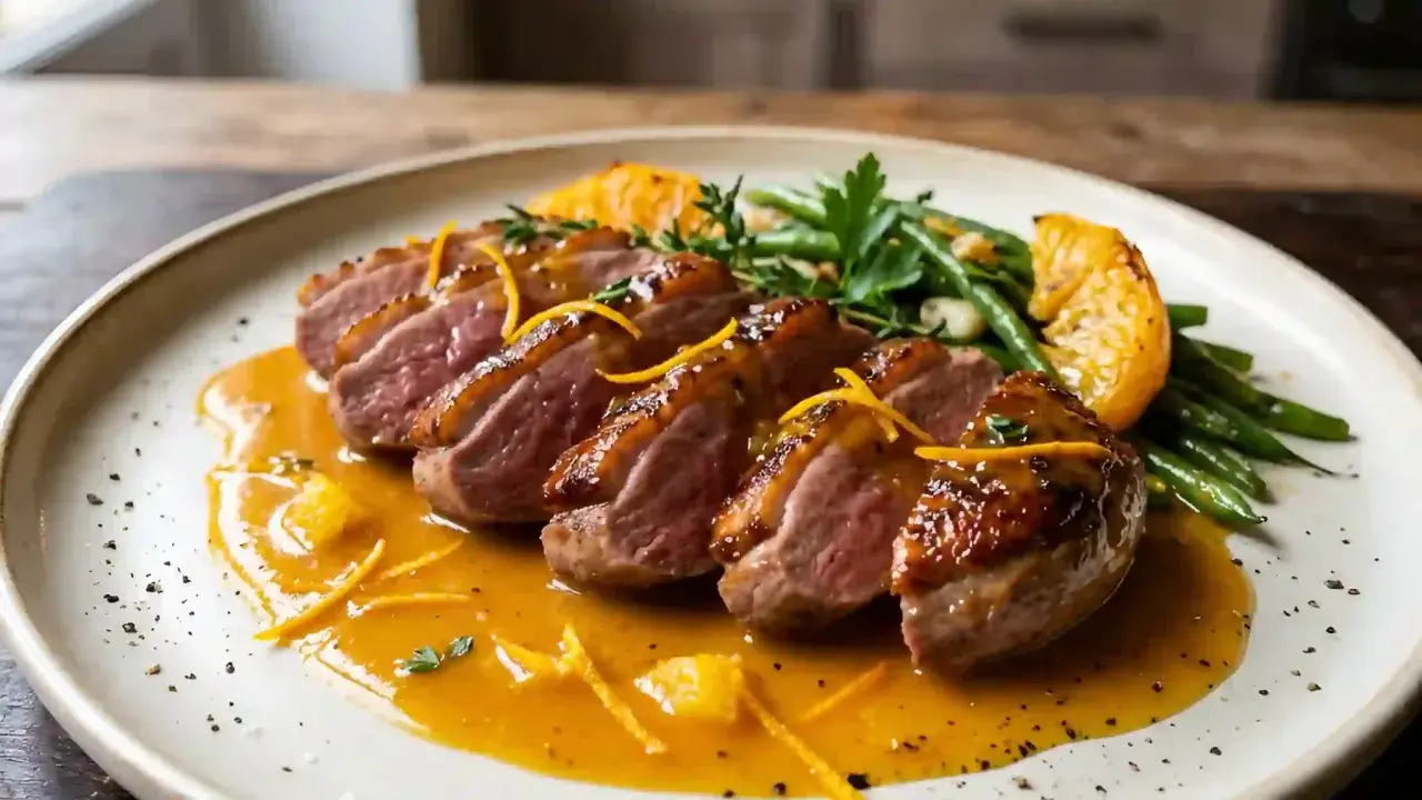 Délicieuse recette aiguillettes de canard à la poêle, nappées d'une sauce orange et accompagnées de haricots verts.