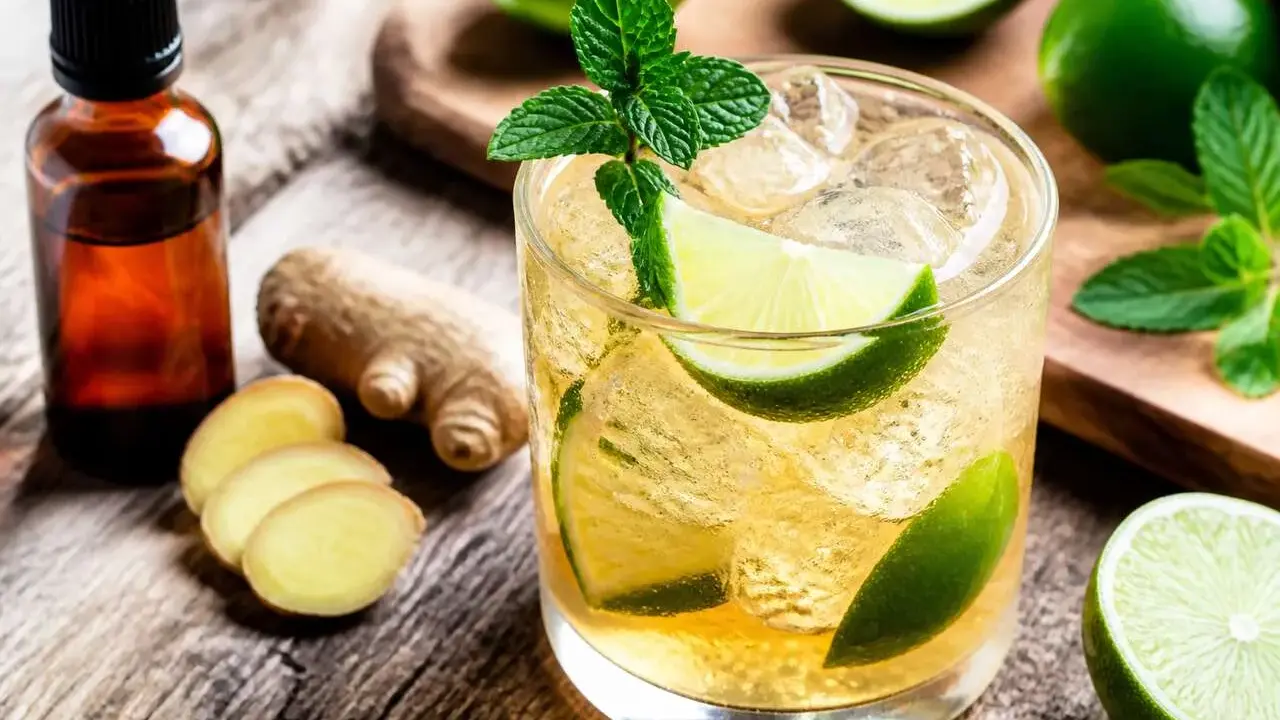 Un verre de mocktail ginger beer rafraîchissant, garni de menthe et de quartiers de citron vert, avec du gingembre frais et une fiole d'extrait à proximité.