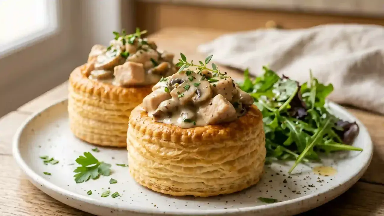 Deux bouchées à la reine poulet garnies de champignons et d'une sauce crémeuse, servies avec une salade verte.