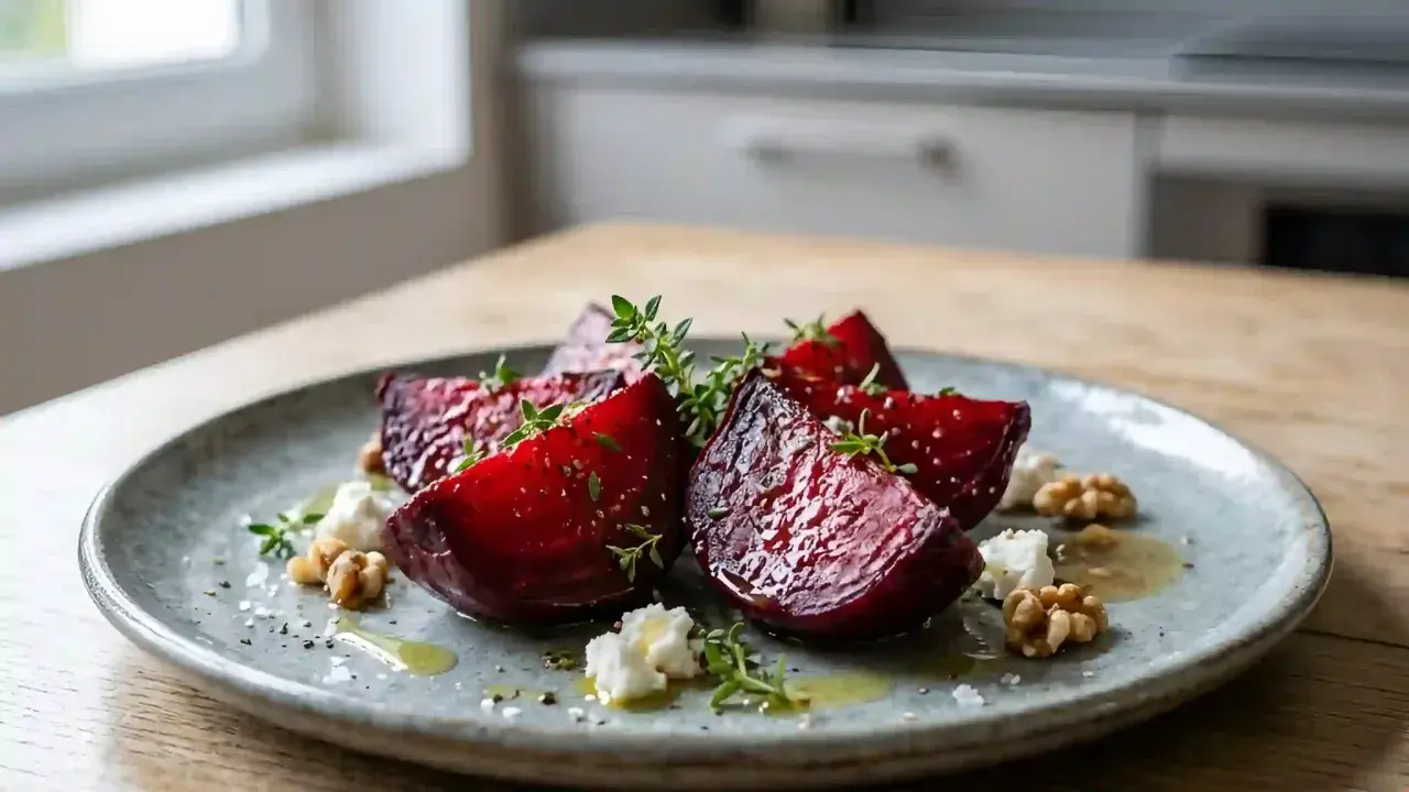 Assiette de betterave rouge cuite, garnie de fromage frais, noix et herbes. Une belle idée pour une recette betterave rouge cuite.