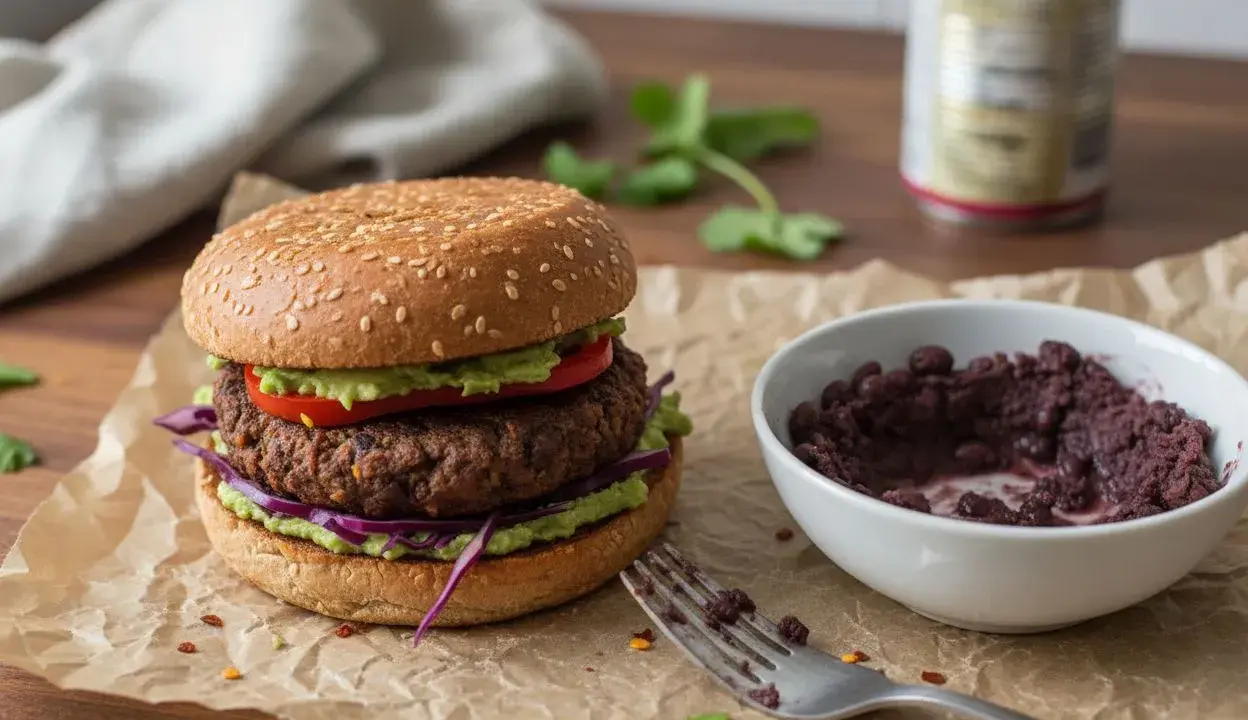 Burger végétarien savoureux avec avocat, tomate et chou rouge. Une recette facile à réaliser pour un repas sain et gourmand.