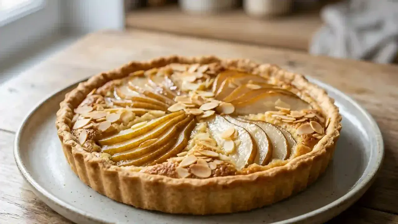 Une délicieuse amandine aux poires, garnie d'amandes effilées, sur une assiette en céramique.