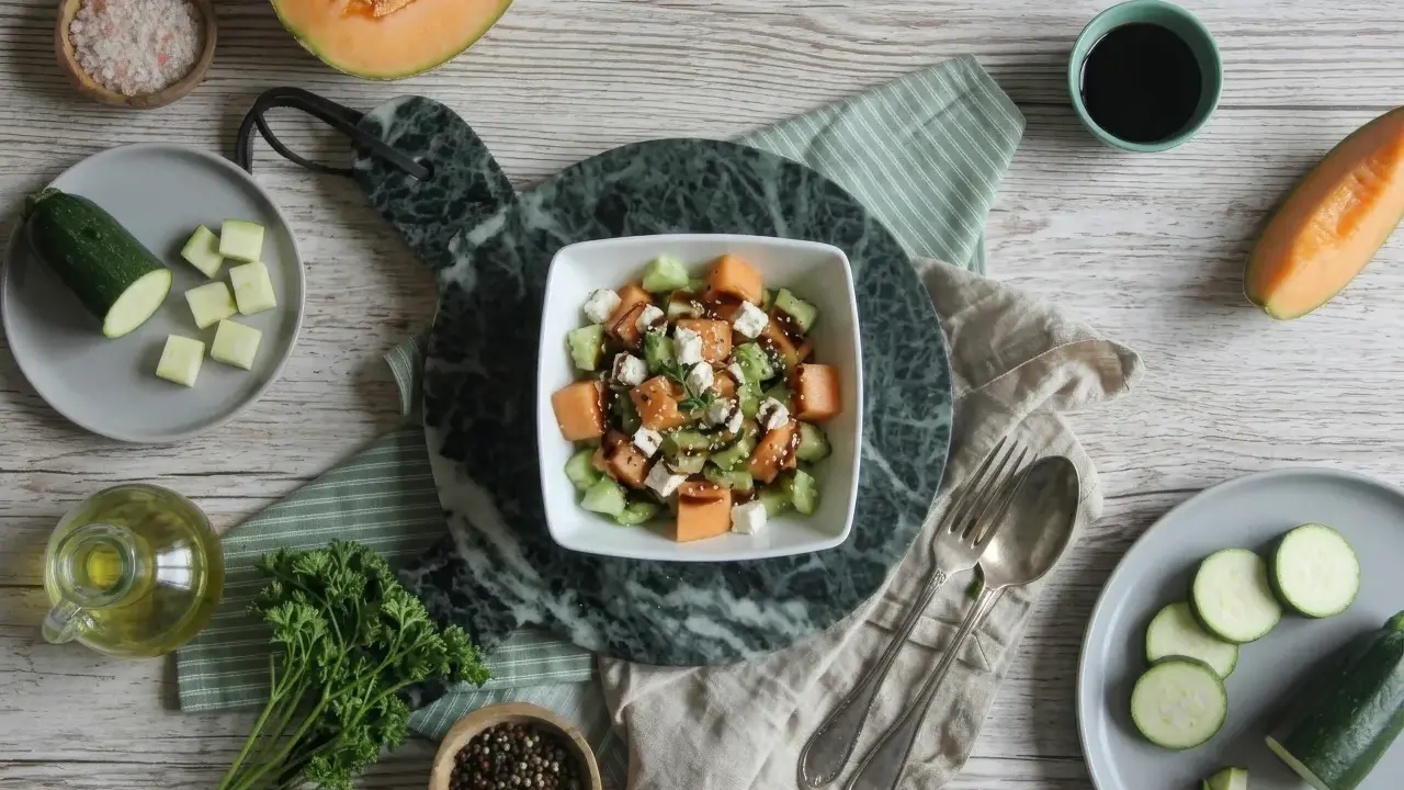 Salade fraîche et colorée : pastèque, melon, concombre, feta, arrosée d'une vinaigrette. Parfait pour l'été !