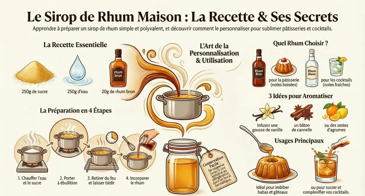 Recette de sirop de rhum maison : sucre, eau, rhum brun. Idéal pour imbiber babas et gâteaux, ou pour sucrer vos cocktails.