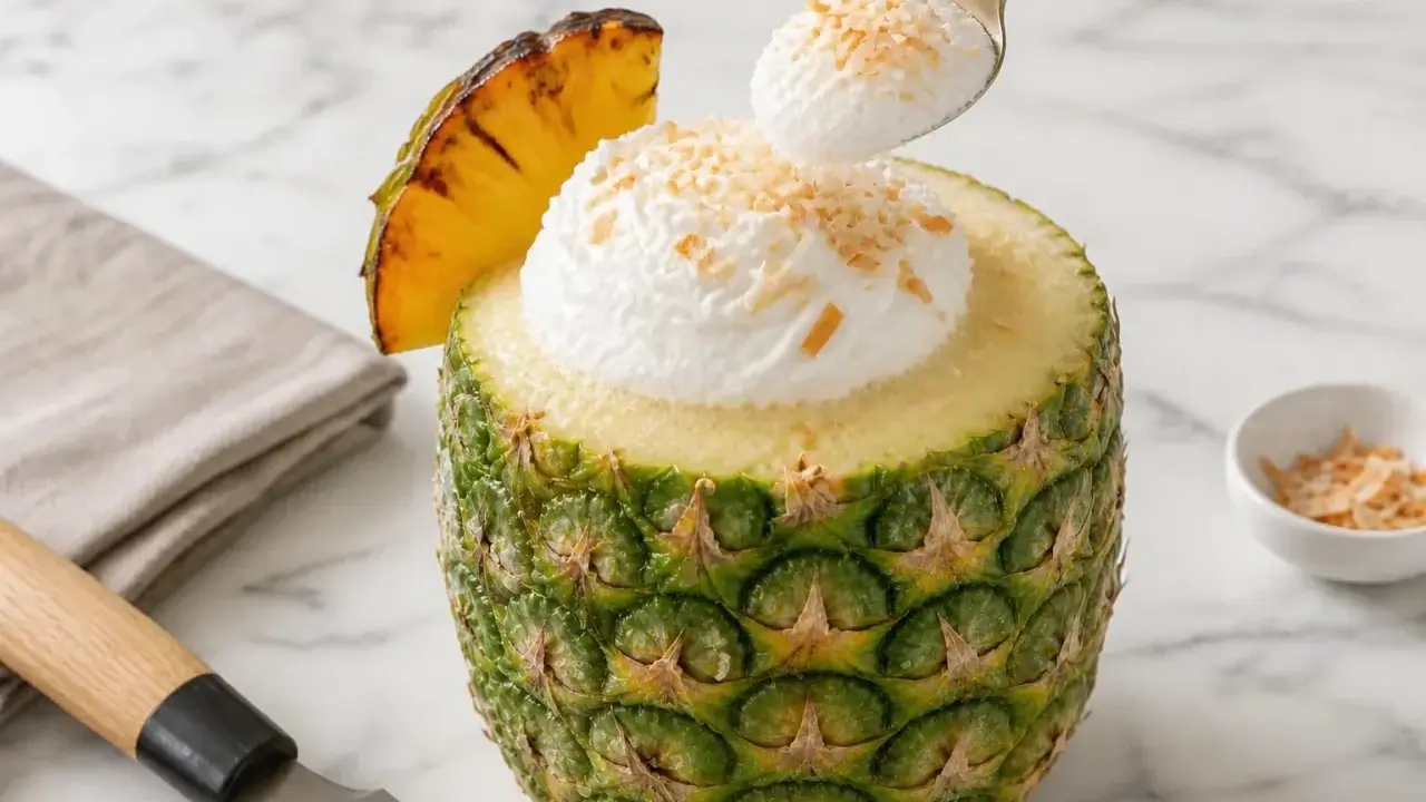 Un délice tropical : un pina colada sans alcool servi dans un ananas évidé, garni de crème et de noix de coco râpée.