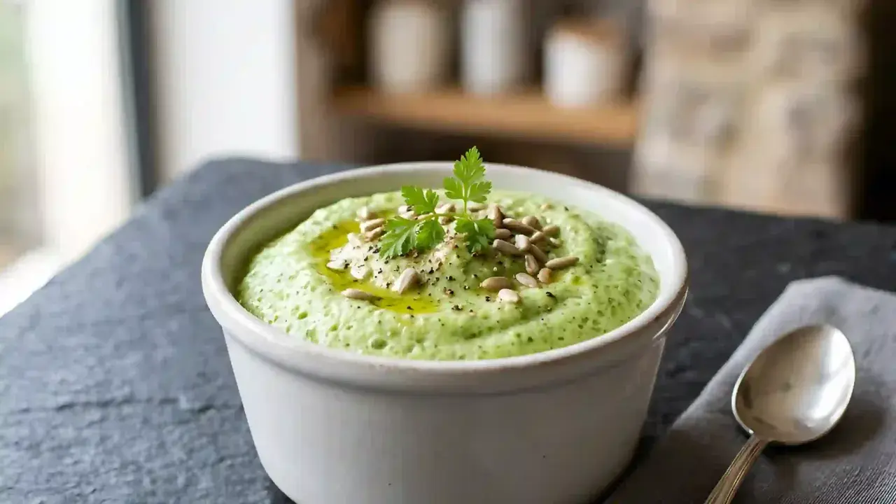 Un bol de purée de brocolis onctueuse, garnie de graines de tournesol, d'huile d'olive et de persil frais.