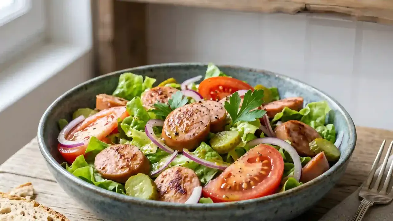 Salade de cervelas fraîche avec tomates, oignons rouges, cornichons et persil, assaisonnée d'une vinaigrette légère.