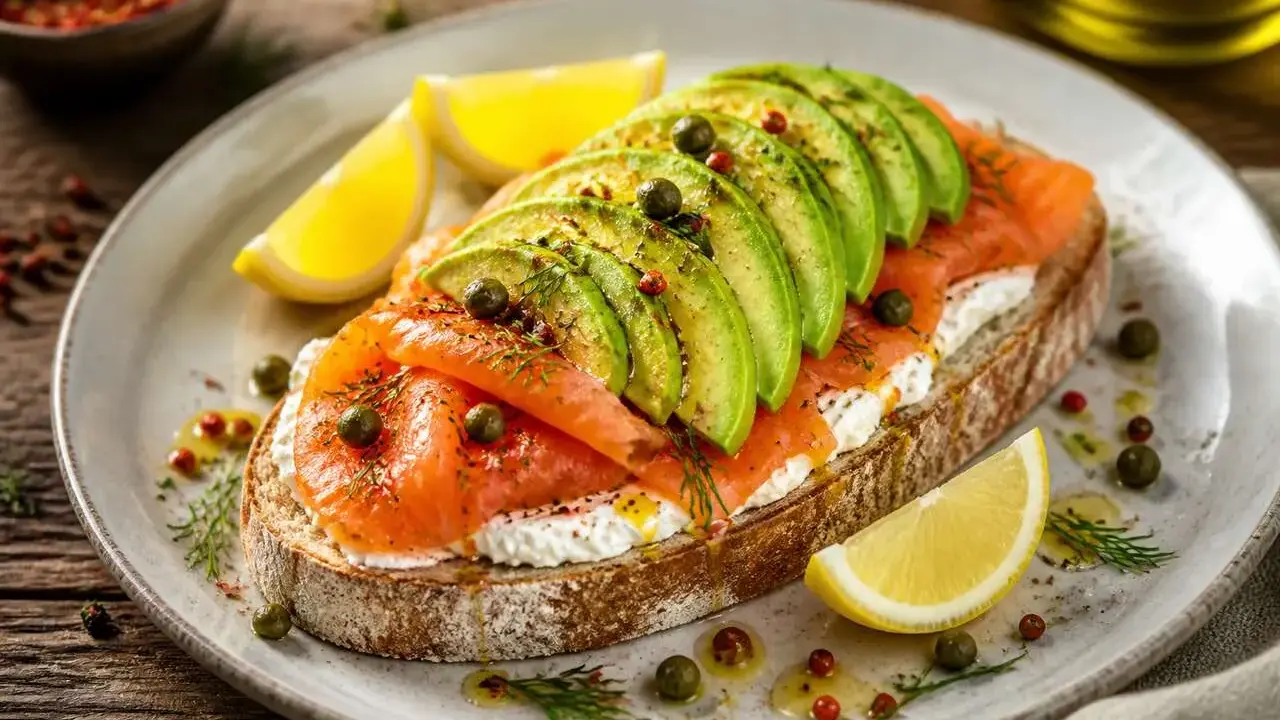 Un toast gourmand avec avocat, saumon fumé, fromage frais, câpres et citron. Un délice pour les papilles !