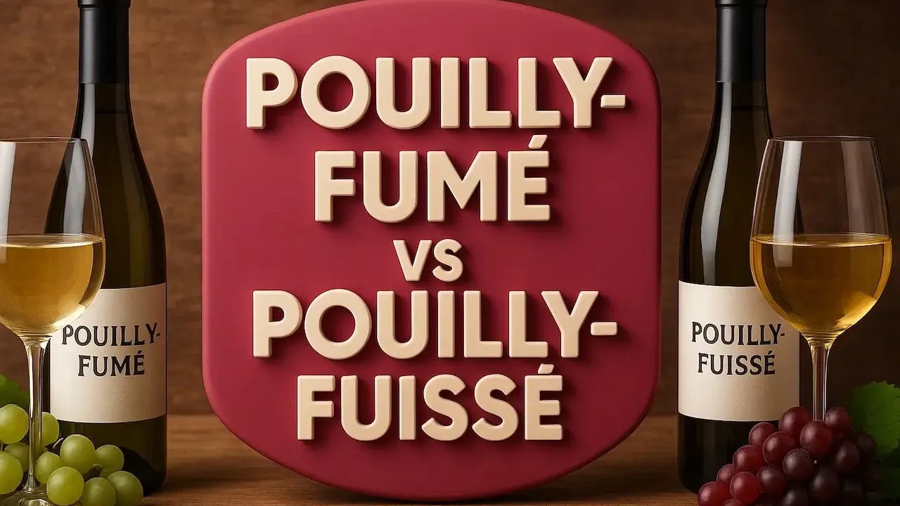 Bouteilles et verres de vin blanc, avec une étiquette comparant Pouilly-Fumé et Pouilly-Fuissé.