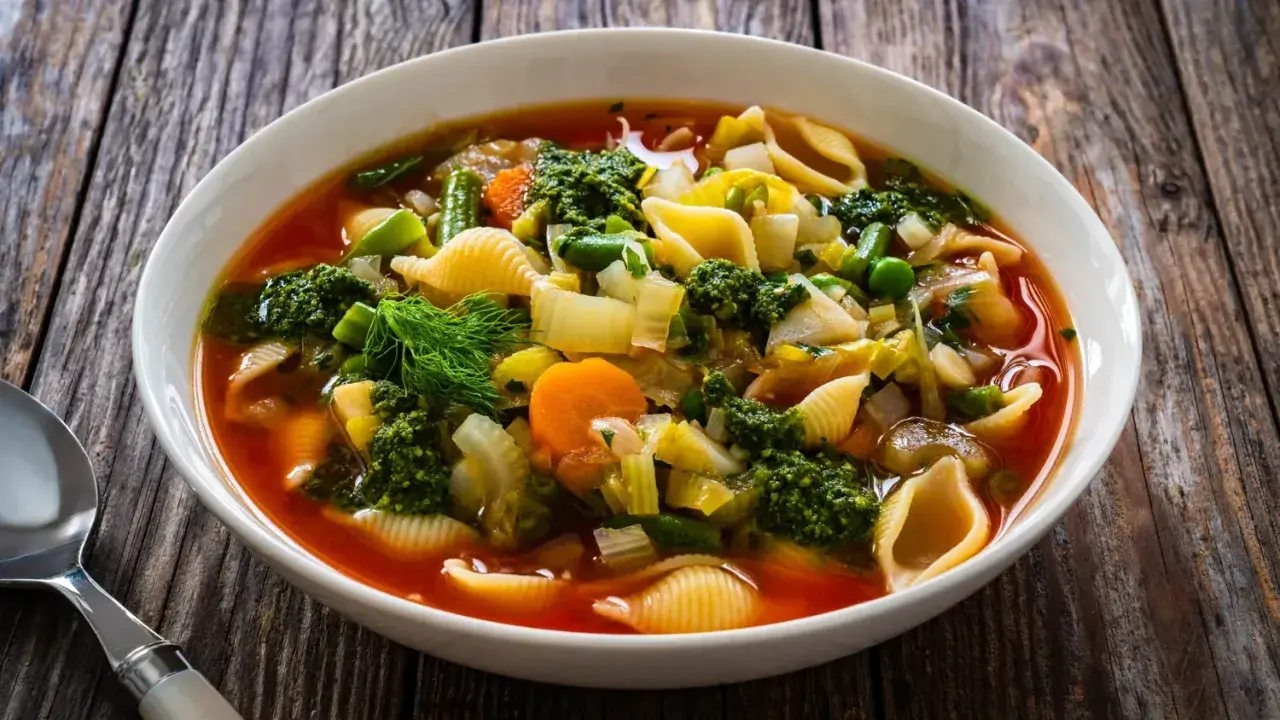 Soupe au pistou recette de chef : un plat coloré de légumes frais, pâtes et pesto, servi dans un bol blanc sur fond de bois.