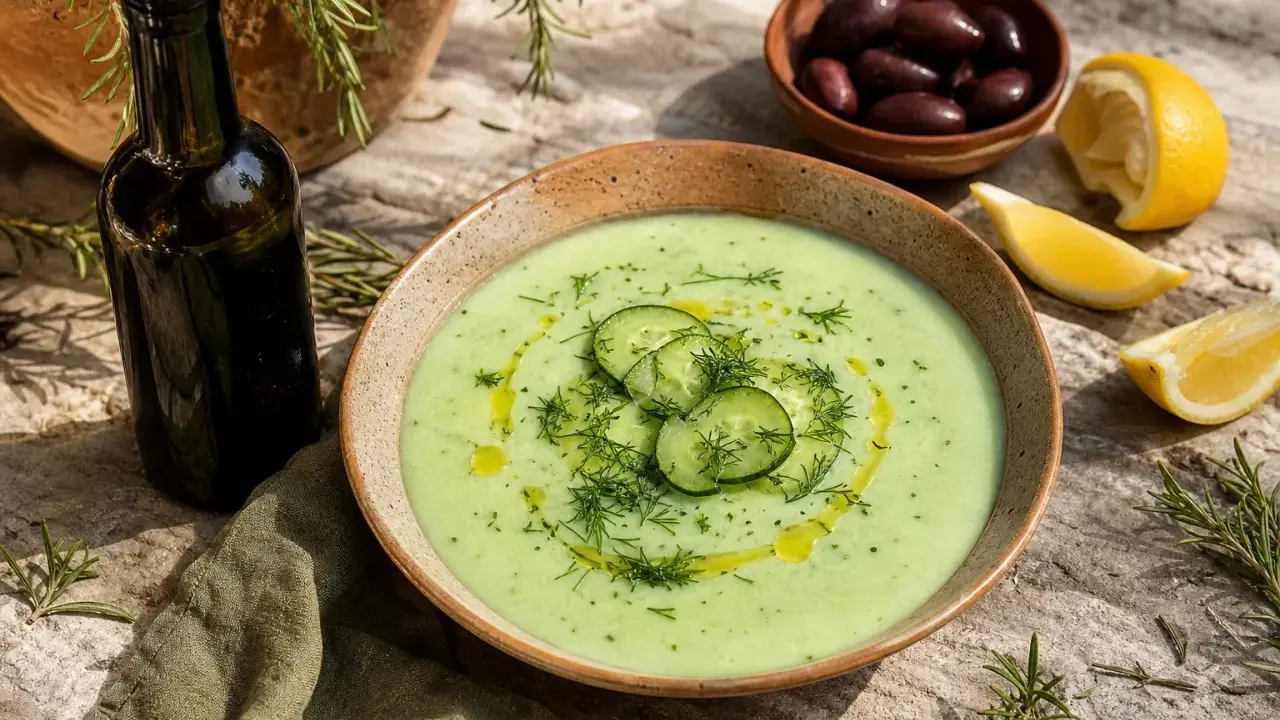 Un bol de soupe de concombre froide, garni de rondelles de concombre et d'aneth, avec des olives, du citron et une bouteille d'huile d'olive.