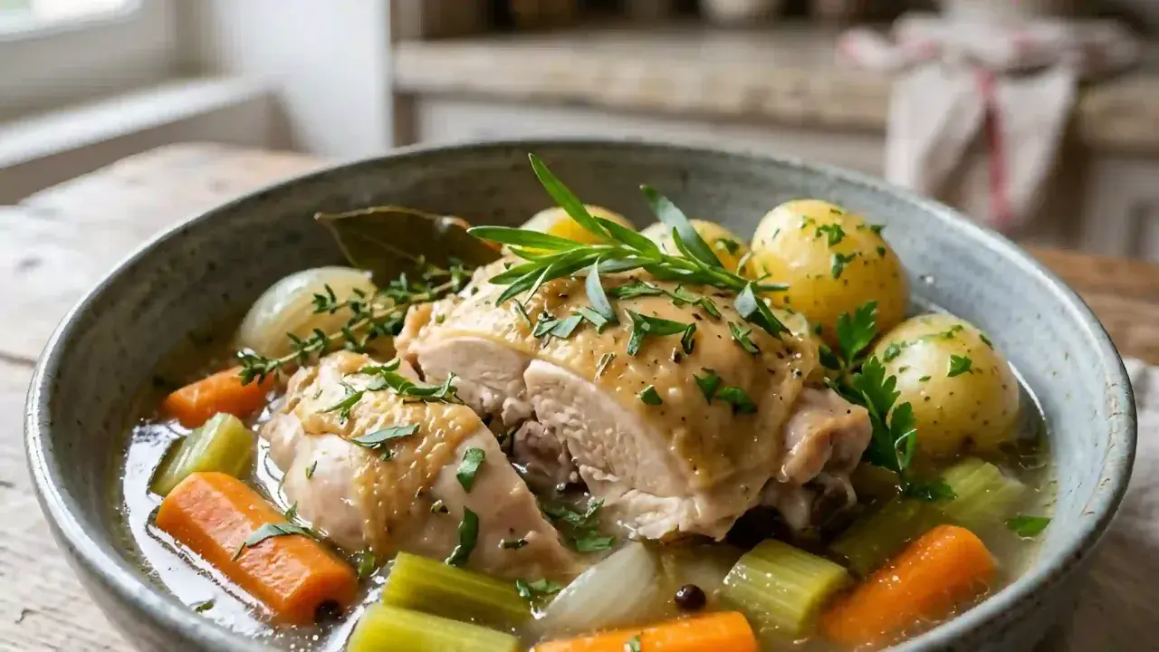 Un plat réconfortant : poule au pot façon grand-mère. Morceaux de poulet tendres, carottes, céleri, oignons et pommes de terre dans un bouillon savoureux.
