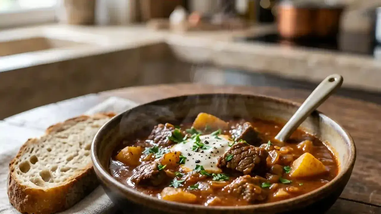 Un bol fumant de recette goulash hongroise traditionnelle, garni de crème et de persil, avec une tranche de pain rustique à côté.
