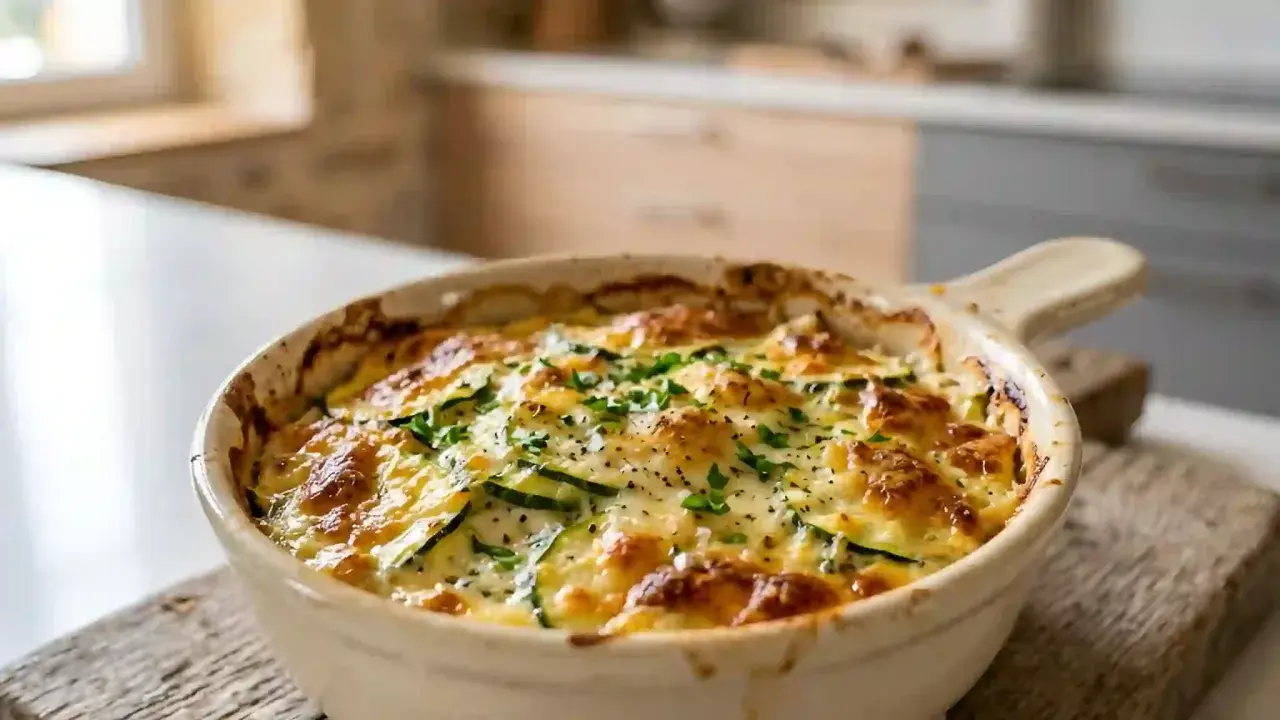 Un délicieux gratin de courgettes moelleux, doré et gratiné, garni de persil frais. Parfait pour un repas réconfortant.