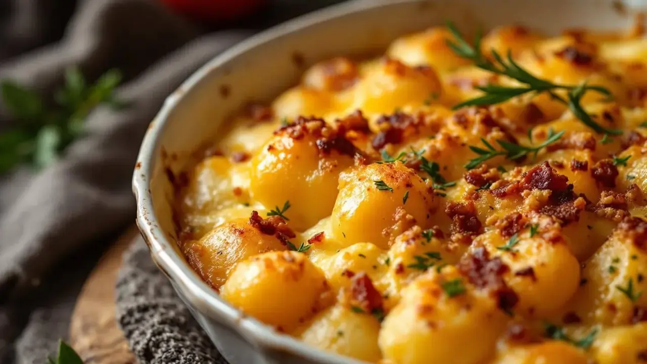 Un délicieux gratin de pommes de terre et lardons, doré et gratiné, garni de persil frais et d'une touche de romarin.