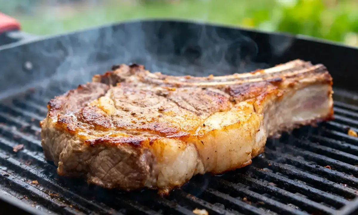 Une belle basse côte, saisie à la perfection sur le barbecue, dégage une fumée alléchante.