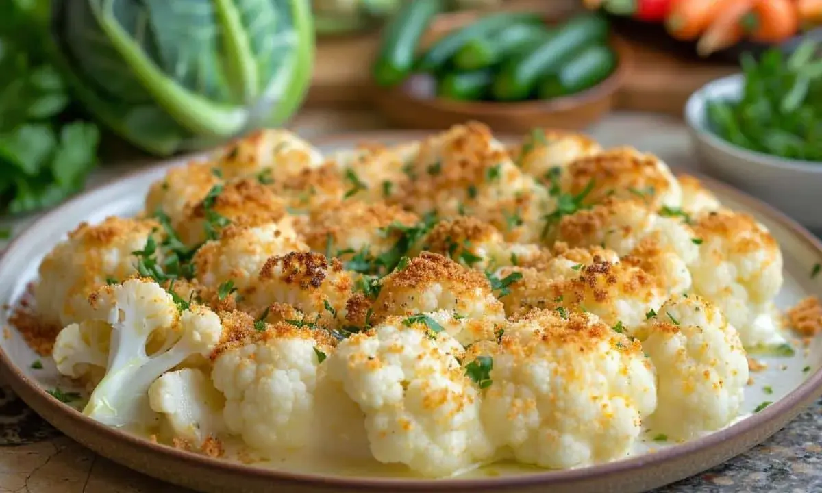 Un gratin de légumes facile et léger, composé de fleurettes de chou-fleur dorées et parsemées de persil frais.