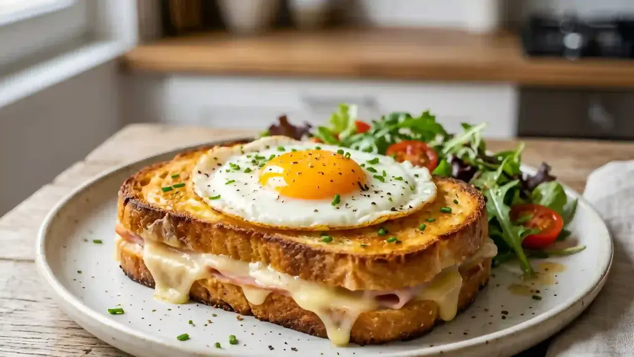 Un délicieux croque madame, avec son œuf au plat coulant, son jambon et son fromage fondant, servi avec une salade verte. Parfait pour une recette facile et gourmande.