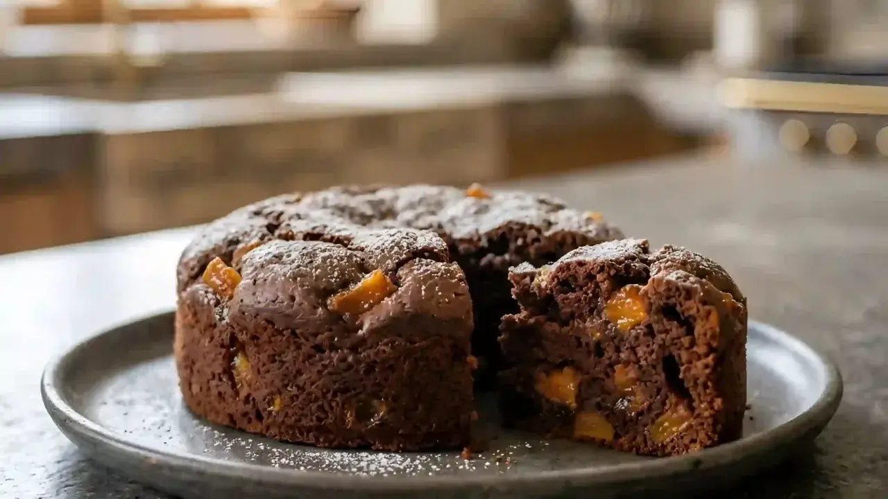 Gâteau chocolat abricot, saupoudré de sucre glace, avec une part coupée révélant des morceaux d'abricot juteux.
