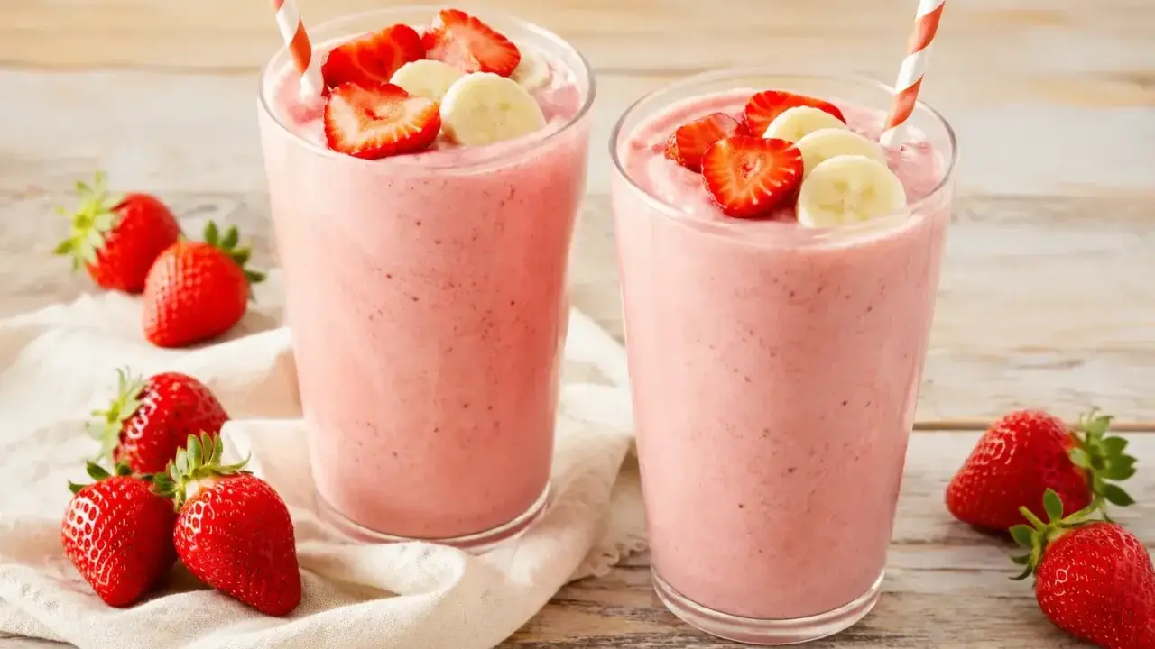 Deux verres de smoothie fraise banane, garnis de fruits frais. Parfait pour une pause gourmande et rafraîchissante.