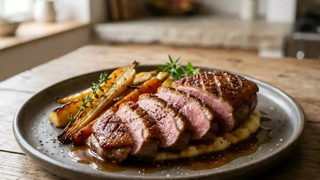 Magret de canard tranché, parfaitement cuit sur plancha, servi avec des carottes rôties et une purée onctueuse.