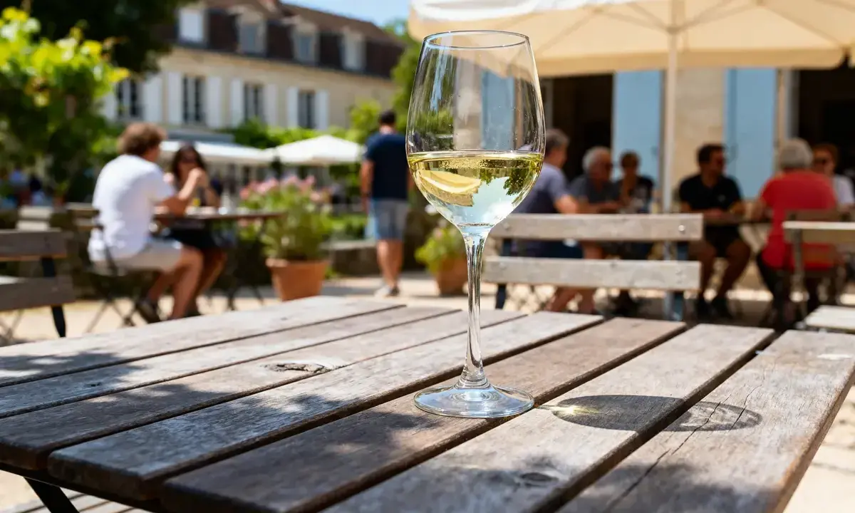 Verre de vin blanc sec ou moelleux sur une table en bois, avec des gens attablés en arrière-plan dans un jardin ensoleillé.