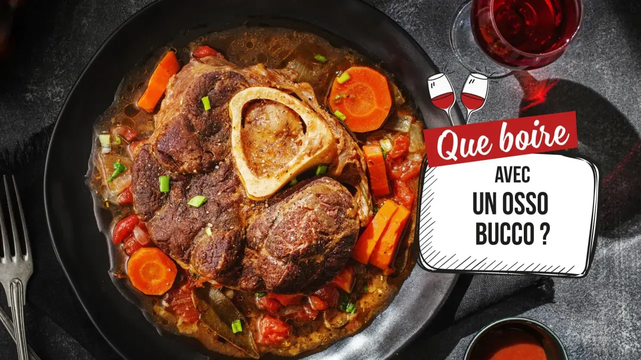 Un plat d'osso bucco savoureux, avec carottes et tomates, servi sur une assiette noire. La question "Quel vin avec osso bucco ?" est mise en avant.