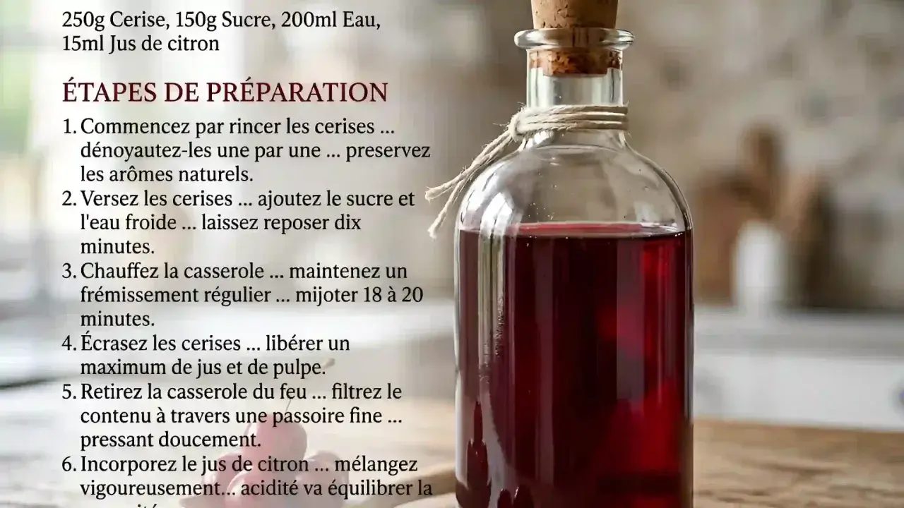 Bouteille en verre remplie d'un sirop fruité rouge, fait maison. Recette de sirop fruit rouge.