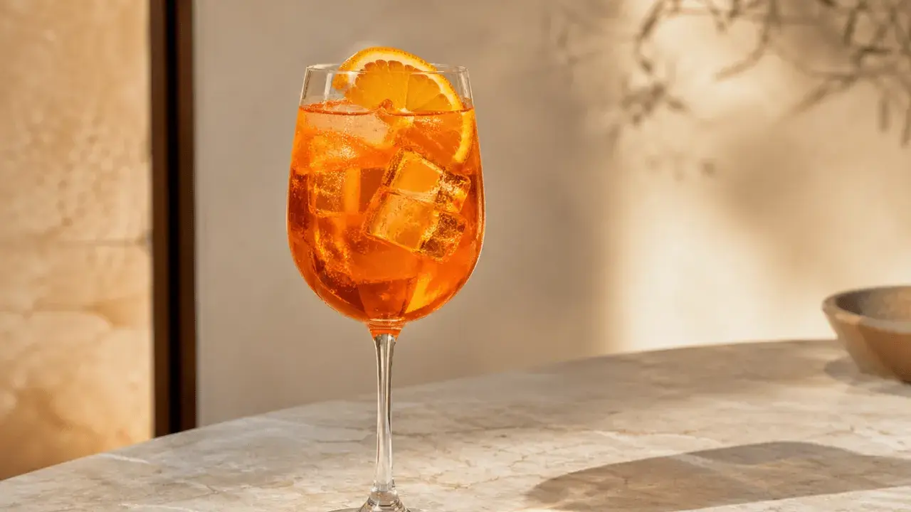 Une composition Aperol Spritz rafraîchissante, avec des glaçons et une tranche d'orange, sur une table en marbre baignée de soleil.