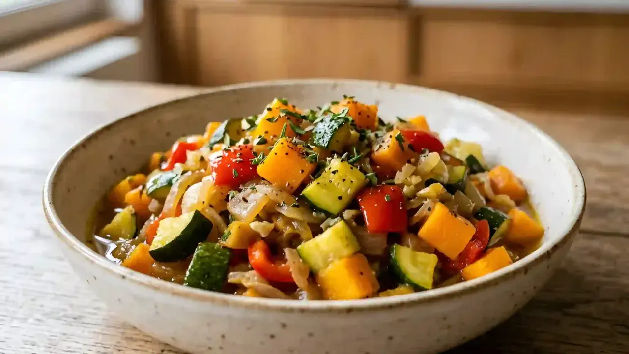 Un bol de ratatouille colorée avec courgette, tomate, poivrons et oignons, garni d'herbes fraîches.