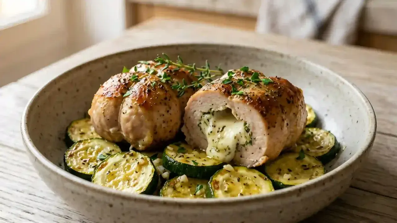 Une paupiette de dinde savoureuse, coupée en deux, révèle un cœur fondant de fromage et d'herbes, servie sur un lit de courgettes grillées.