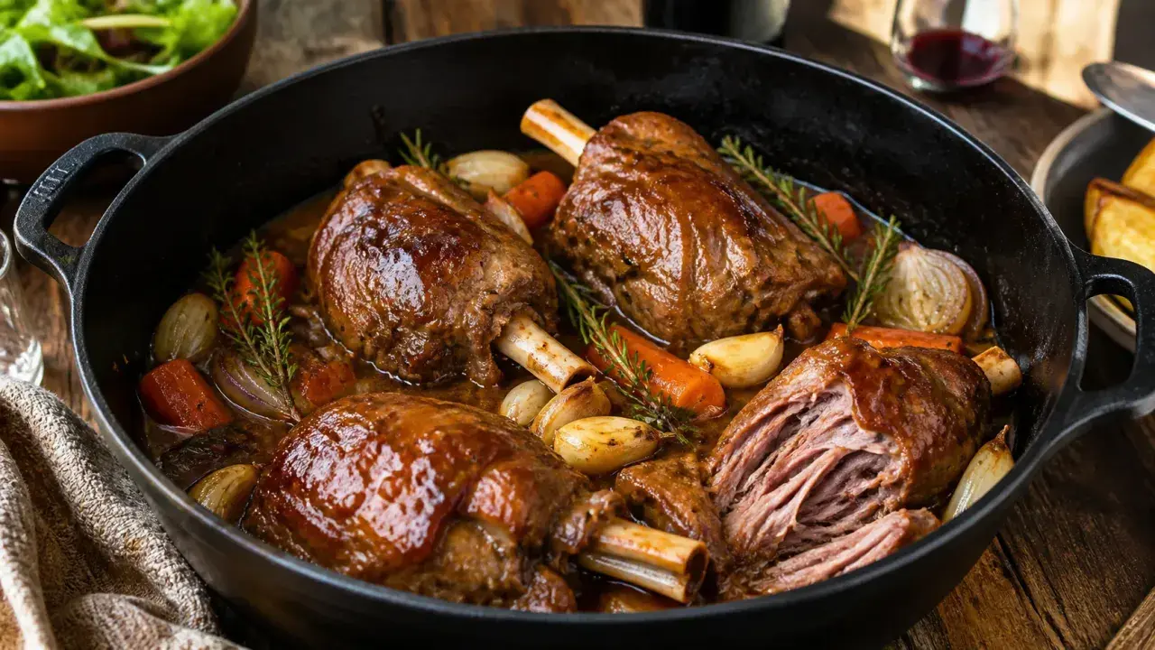 Souris d'agneau braisées, carottes, oignons et ail dans une cocotte. Une recette grand chef qui promet un plat savoureux et fondant.