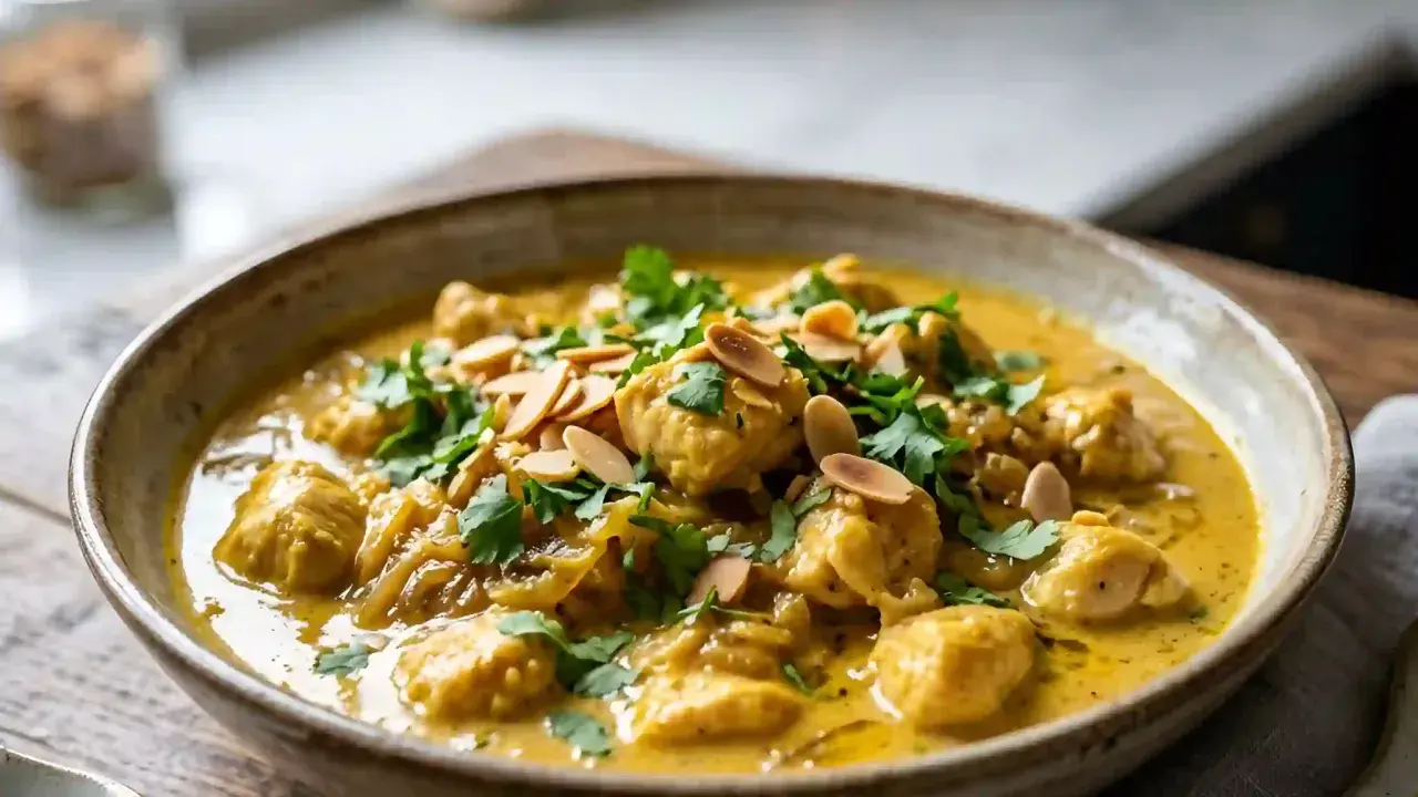 Un plat de poulet korma onctueux, garni de coriandre fraîche et d'amandes effilées. Une recette savoureuse à découvrir.