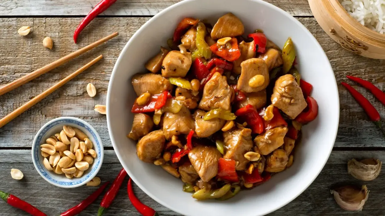 Un délicieux poulet kung pao, garni de cacahuètes croquantes, de poivrons rouges et verts, prêt à être dégusté avec des baguettes.