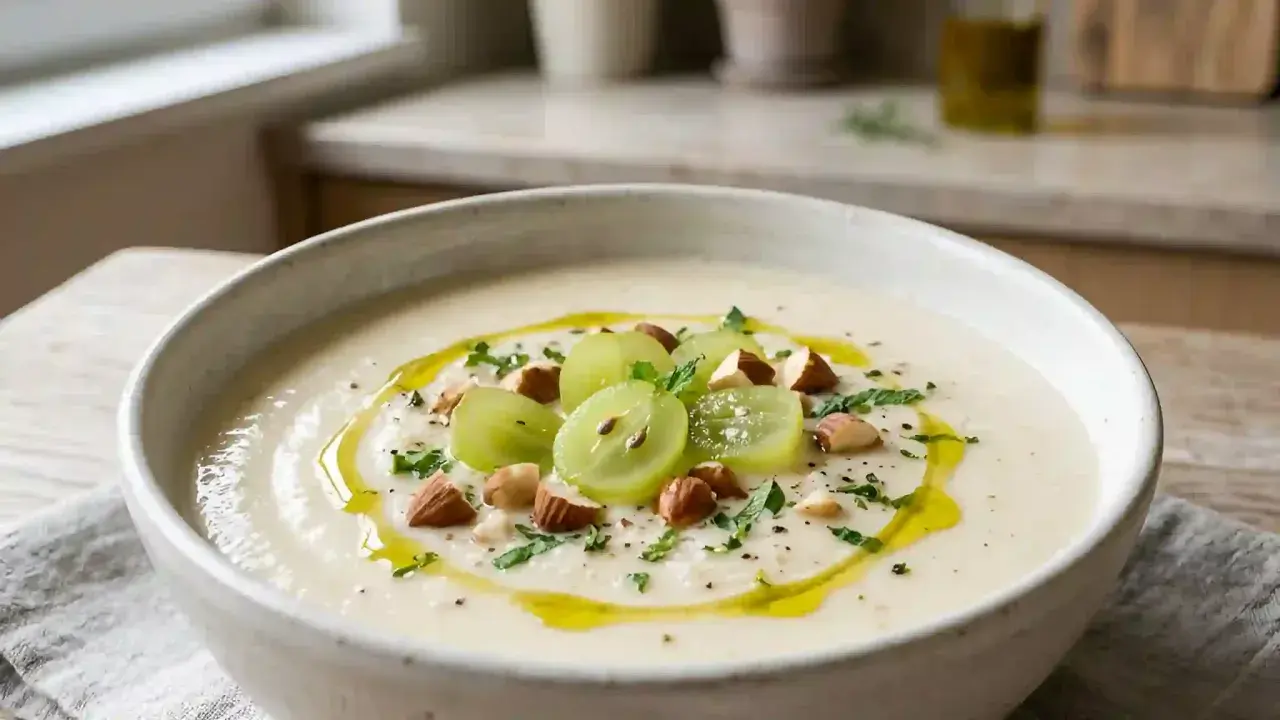 Un bol de ajo blanco crémeux, garni de raisins verts, d'amandes et d'un filet d'huile d'olive.