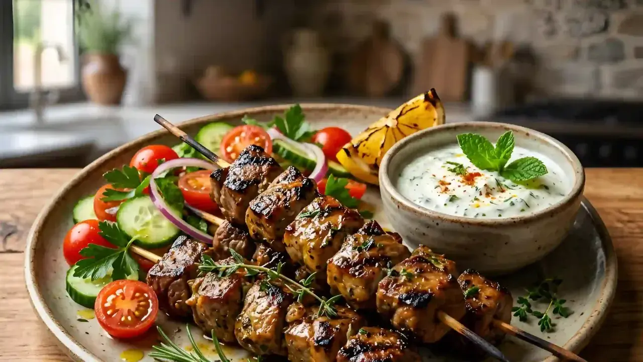 Brochettes d'agneau grillées, savoureuses et juteuses, accompagnées d'une sauce blanche fraîche et d'une salade colorée. La marinade pour brochette d'agneau a fait son œuvre !