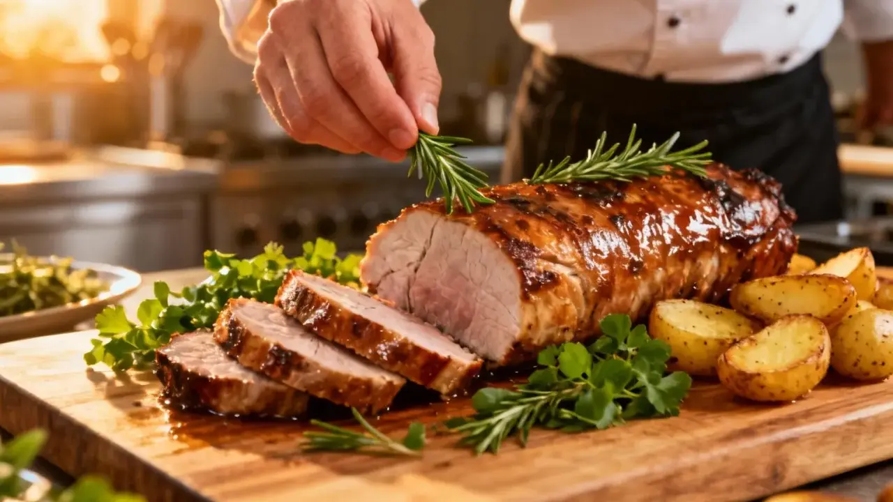 Un chef étoilé décore un filet mignon de porc rôti avec du romarin. Une recette qui promet un délice.
